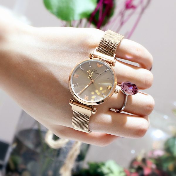 

watch korean women's with diamond magnet mesh bracelet movement, Slivery;brown