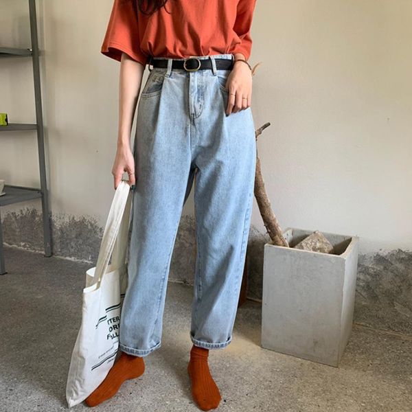 

women's jeans high waist pleated fashion loose straight zipper wide leg pants street female trousers l803, Blue
