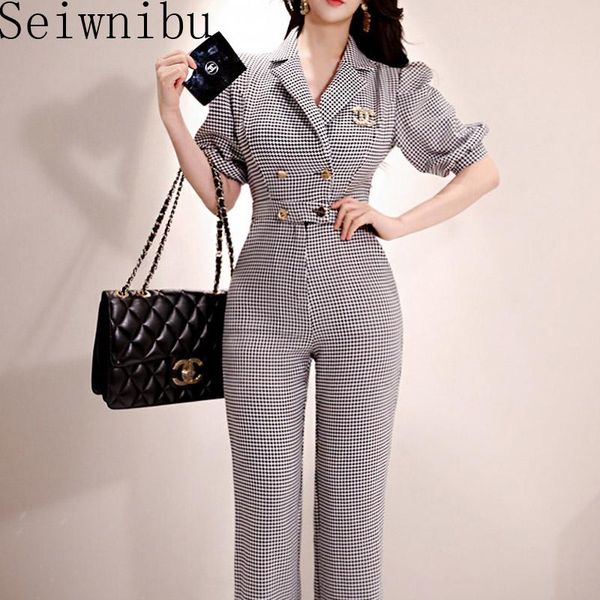 

women's jumpsuits & rompers summer jumpsuit houndstooth casual print tight temperament suit elegant long pants puff sleeve fashion ladi, Black;white