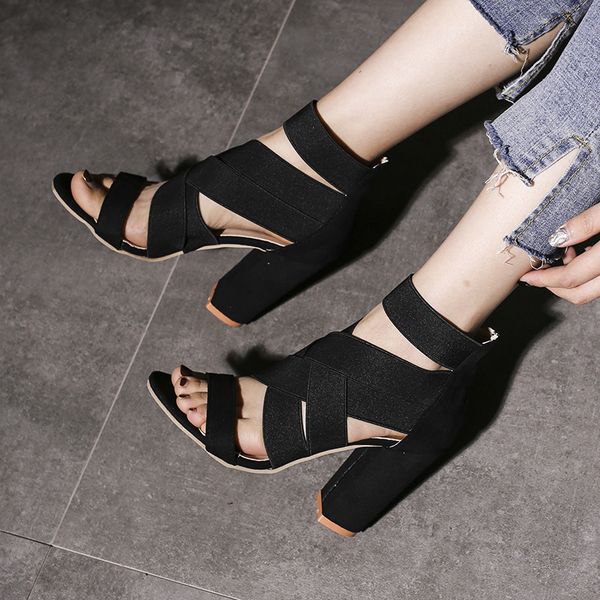 

sandals women's fashions summer slippers open toe shoes high cross gladiator square heels sandals gfvc, Black