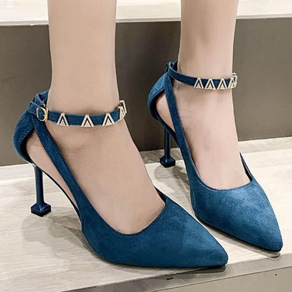 

dress shoes woman crystal pointed toe pumps buckle band sandals cut out cover heels tacones mujer bombas stiletto high women2021, Black