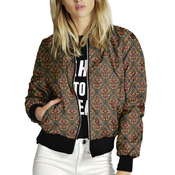 

women's jackets 2021 trend casual retro pattern slim digital print stand collar baseball uniform, Black;brown