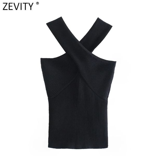 

zevity women chic cross strap black knitting camis tank high street ladies summer slim crop sw835 210705, White