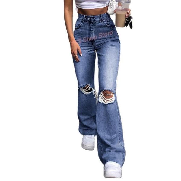 

women's jeans 2021 women wide leg pants holes leisure bell bottoms, Blue