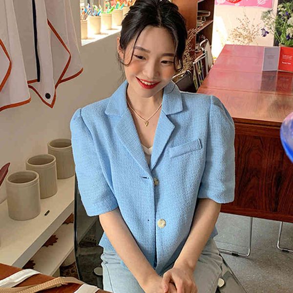 

women blue casual all match daliy short blazer notched half puff sleeve loose jacket fashion summer 16w901 210510, White;black