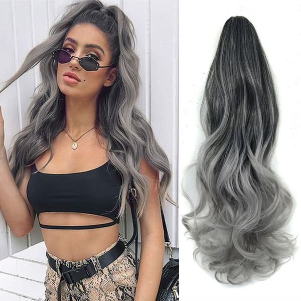 

ombre grey drawstring ponytail long wavy curly overhead ponytail clip in hair extensions de cabello natural synthetic hairpieces 220217, Black;brown