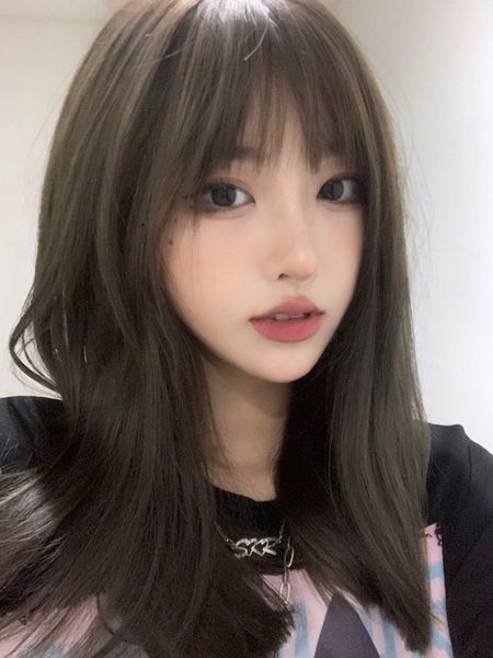 

full cos wig net red bangs head cover cold brown medium long hair natural hairstyle female, Black