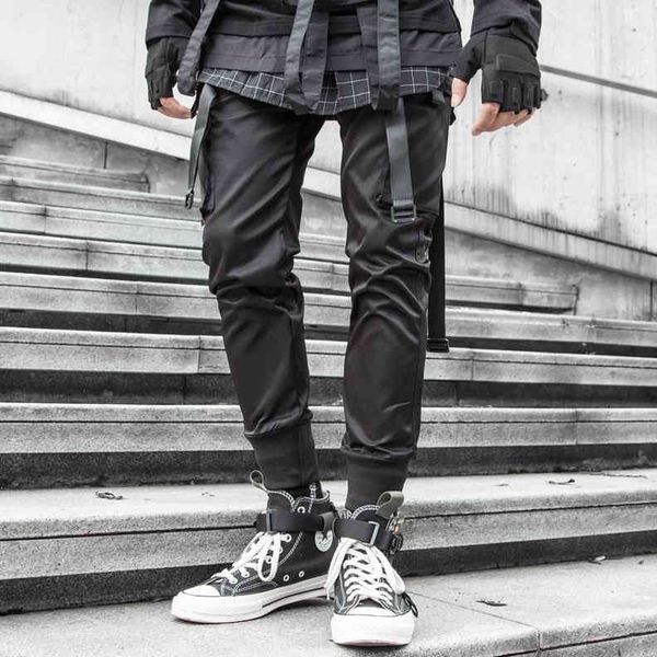 

men's pants ribbons cargo men black pocket streetwear harajuku techwear hip hop trousers harem joggers sweatpants dedu