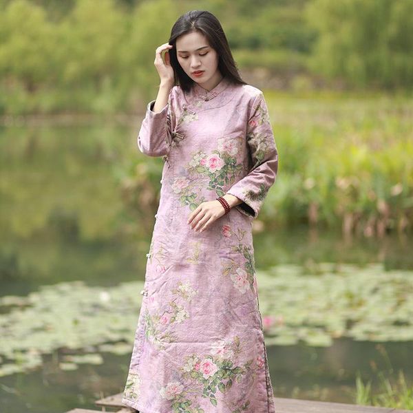 

casual dresses 2021 winter linen all-in-one cashmere and dish mouth high neck cheongsam thickened dress, Black;gray