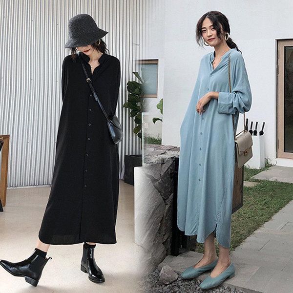 

casual dresses wild shirt dress women 2021 spring autumn plus size loose long shirts solid sleeve split summer chiffon l- 4xl, Black;gray
