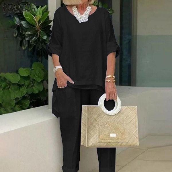 

women's two piece pants women asymmetrical blouse and elegant matching sets long sleeve blusas female elastic waist pantalon 2pcs ove, White