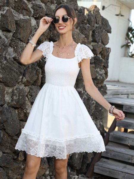 

lace sleeve and hem shirred bodice dress x9ne#, Black;gray