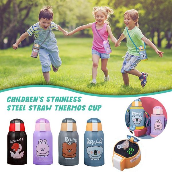 

children's straw stainless steel vacuum flask with lcd display temperature portable travel water bottle bottles