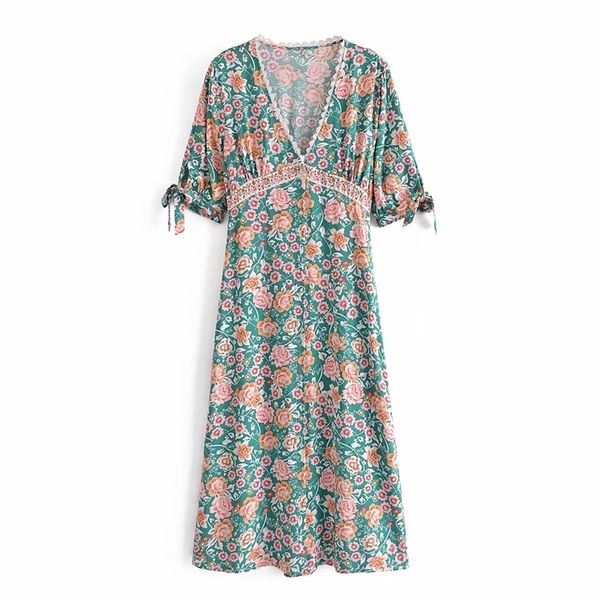 

women fashion vintage holiday summer bohemian dress floral print casual sweet lace trim shirt sleeve beach dresses 210521, Black;gray