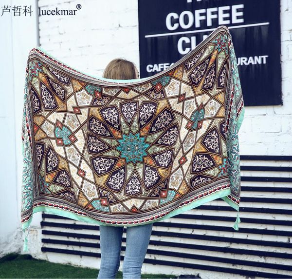 

[lucekmar] plus size tribe shawl scarf wrap women tassel sjaal foulard femme bohemian geometric muslim hijab headscarf accessoy scarves & wr, Red;brown