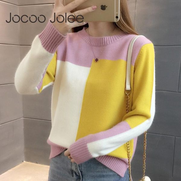 

women's sweaters jocoo jolee women korean panelled color sweater casual long sleeve o neck thick pullover vintage knitted pull femme ju, White;black