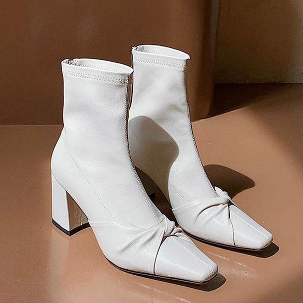 

boots women personality design pu leather ankle ladies square heels female pointed toe high commute shoes elegant fashion, Black