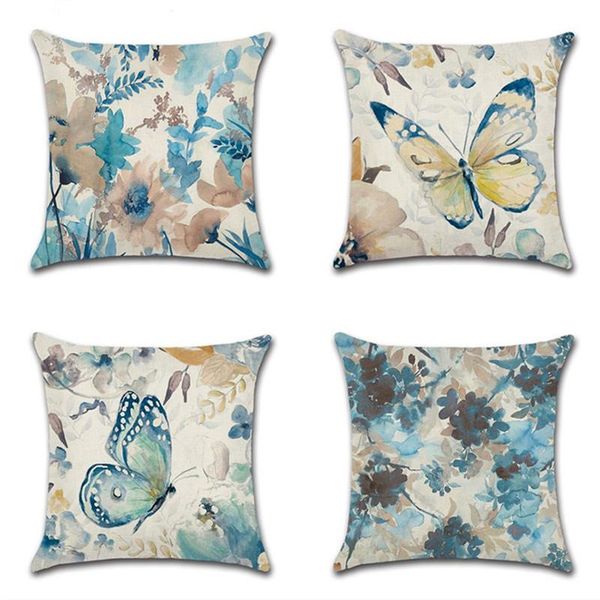 

pillow case flower butterfly pattern cushions cover blue pillowcase linen cushion throw sofa decoration