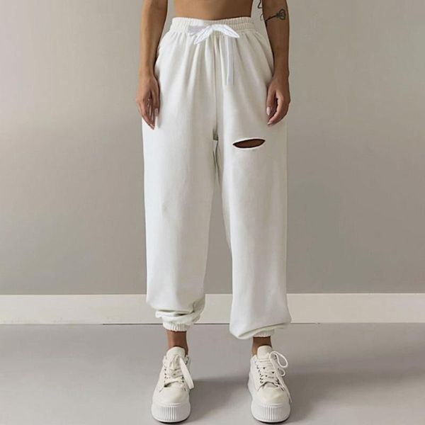 

women's pants & capris 2021 women autumn casual sweat pants, solid color elastic-waist ripped fitness trousers for girls, gray/white/bl, Black;white