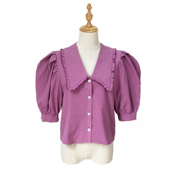 

women shirt fuchsia solid short sleeve puff summer turn down collar kawaii b0586 210514, White