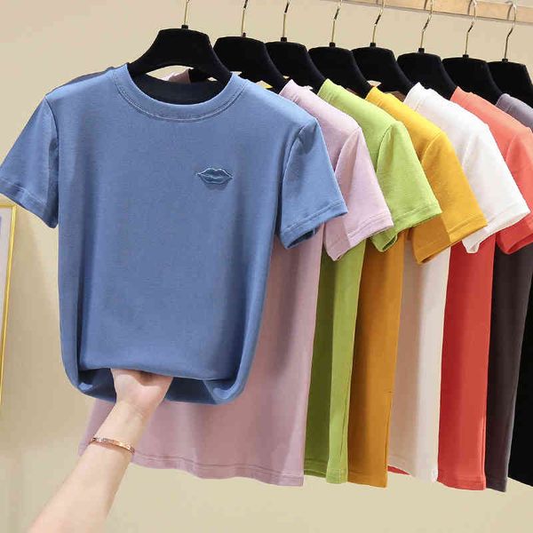 

women's t-shirt summer shor sleeve embroidered lip female shir solid casual color fashion lady neck ops s-xxl ks8x, White