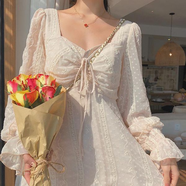 

casual dresses 2021 autumn women's clothing french vintage elegant fairy square neck bow lace-up puff sleeve embroidered midi dress, Black;gray