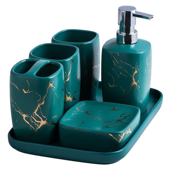 

bath accessory set avocado green imitation marble ceramic bathroom five-piece wash decoration wedding gift mug cup