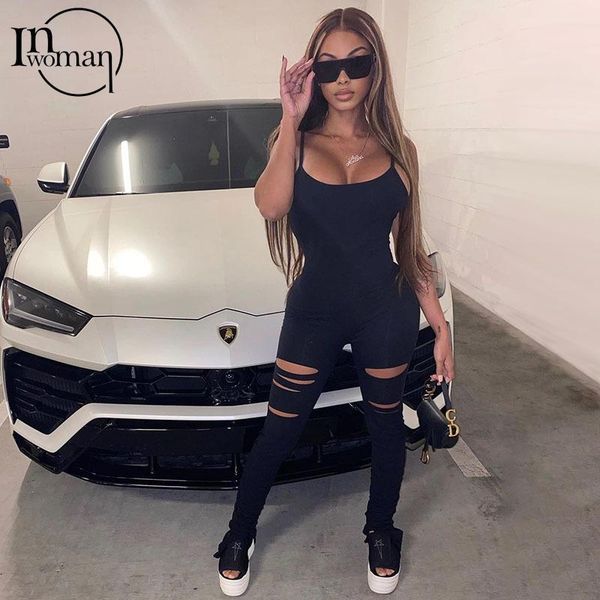 

women's jumpsuits & rompers inwoman party stacked hollow out bodycon jumpsuit women spaghetti strap backless romper ladies black clubwe, Black;white