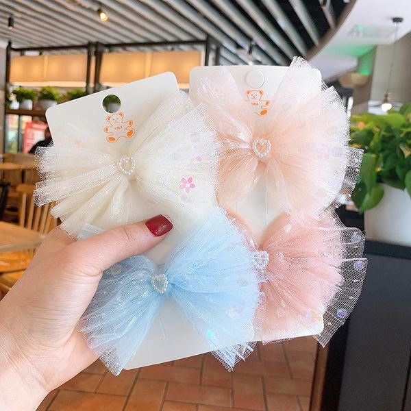 

hair accessories korean style girl net yarn sequined bow clip imitation pearl heart baby side for children fashion, Slivery;white