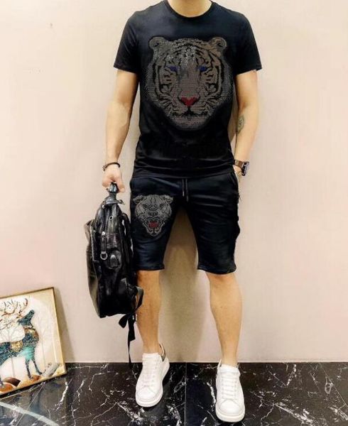 

new rhinestones anime men's diamond stone tracksuit fitness suits set and shorts streetwear, Gray