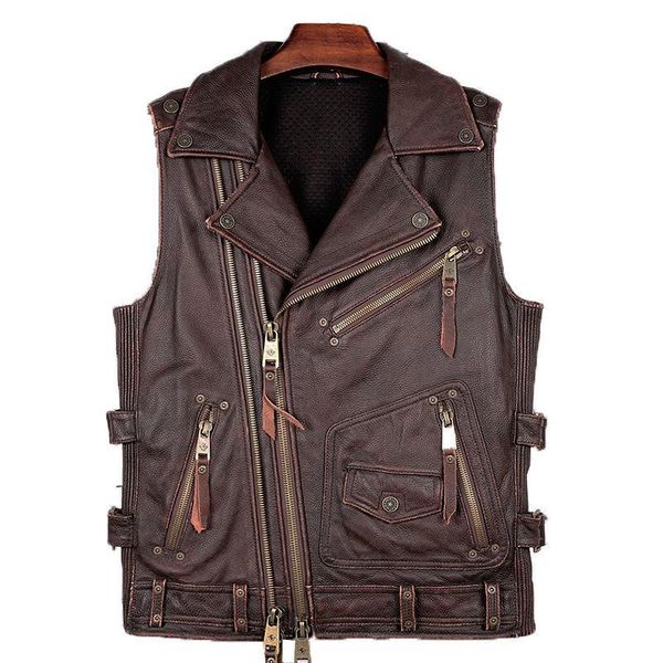 

men's vests 2021 vintage brown genuine leather vest men motorcycle style plus size 4xl real natural cowhide spring slim fit short coat, Black;white