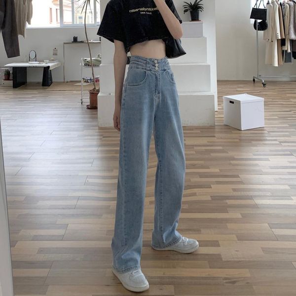 

women's jeans high waist design, loose straight tube floor mopping denim pants, wear, small, thin, drooping wide leg pants, Blue