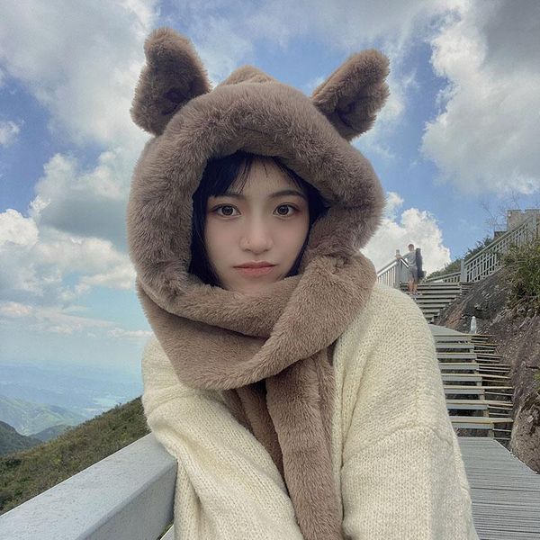 

hats, scarves & gloves sets faux fur lei feng hat 2021 fashion scarf glove 3 piece women cute winter warm soft thickening pocket hats, Blue;gray