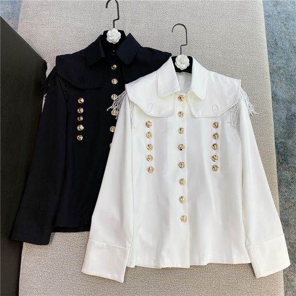 

women's blouses & shirts 2021 spring double row buckle cape shoulder tassel shirt for women high street long sleeve blouse lady chic, White