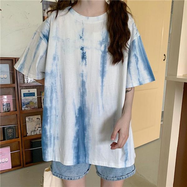 

women's t-shirt black tie-dye o-neck chic short sleeve t-shirts women loose plus size 2xl oversize tees womens harajuku high street ins, White