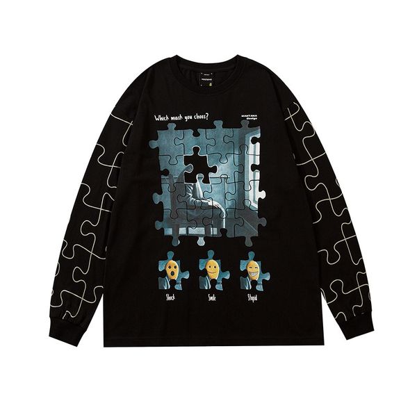 

dark high street puzzle magic block round neck long sleeve autumn and winter men's youth loose casual sweater trend, Black