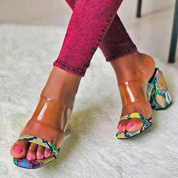 

slippers snake pattern pvc transparent open toe square heell women high heel crystal women's shoes pumps transparen, Black
