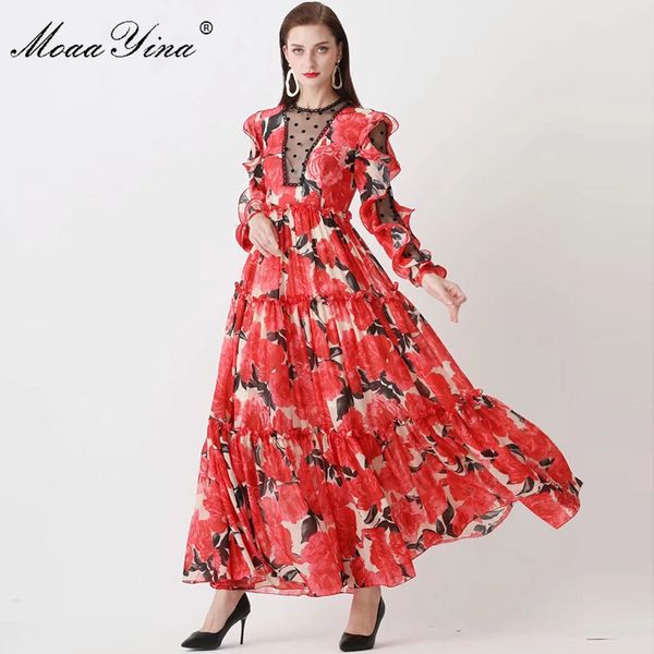 Abiti lunghi da festa primaverili da sfilata Abiti eleganti da donna con volant a maniche lunghe Stampa floreale rossa Abito taglie forti personalizzato S-5XL 210524