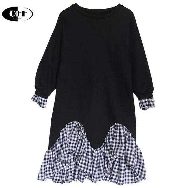 

gothic harajuku style black loose oversized midi dress patchwork plaid ruffles long sleeve casual lady dresses for women female, Black;gray