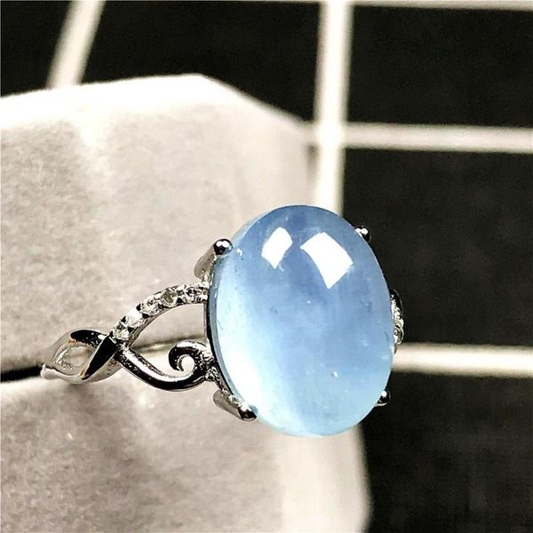 

cluster rings 11x8mm natural ocean blue aquamarine ring jewelry for woman lady man oval beads crystal gemstone silver adjustable, Golden;silver