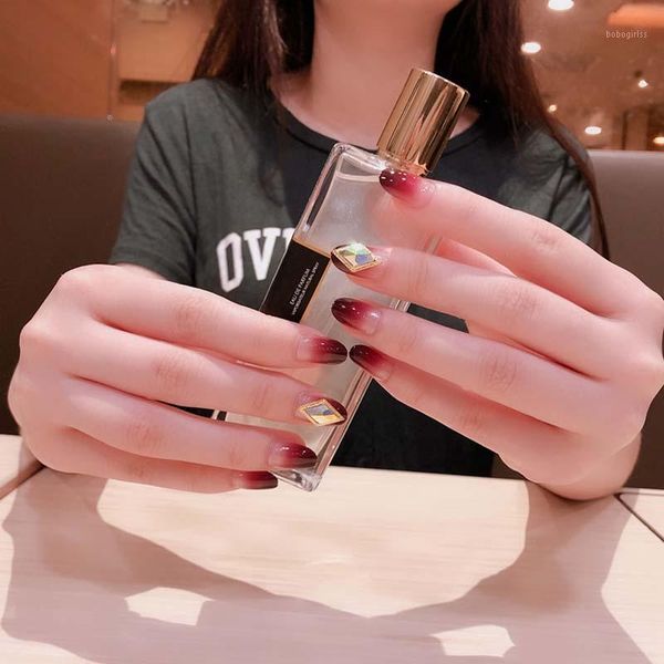 

24pcs full cover false nail fashion purple and red color gradient fake nails shiny diamond rhinestone short with glue1, Red;gold