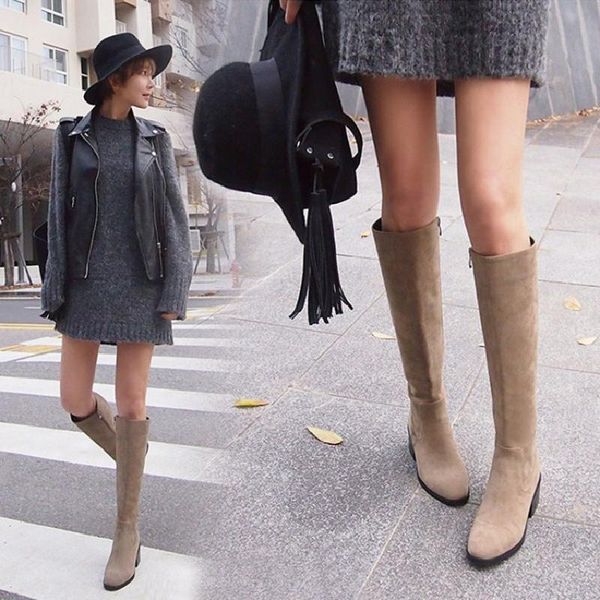 

boots square heel high boot season woman soft leather, Black