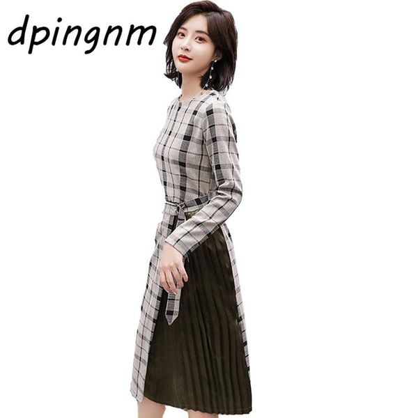 

casual dresses winter plaid dress with belt women autumn long sleeve shirt female clothes bandage bodycon print robe, Black;gray