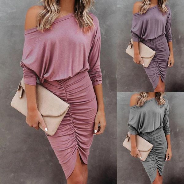

casual dresses solid color women irregular off shoulder dress long sleeve mini for shirring hem party vestidos, Black;gray
