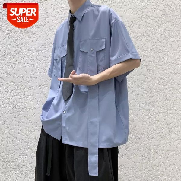 

men's give tie ribbon decorate hawaiian shirt fashion short sleeve temperament camisa social masculina streetwear shirts #1i2i, White;black