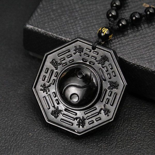 

natural geometric pendant black obsidian necklace chinese tai chi gossip bead chain fashion jewelry charm for men gifts necklaces, Silver