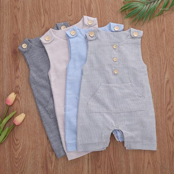 

jumpsuits born baby boy romper one-pieces buttons striped jumpsuit cotton linen playsuit sleeveless clothes outfits, Blue
