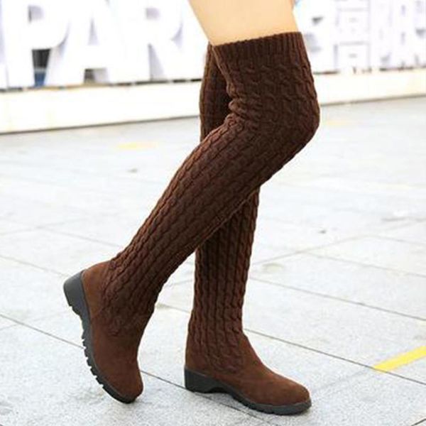 

boots stretch fabrics over the knee knitting wool round toe women shoes warm autumn winter casual long boot size 41, Black