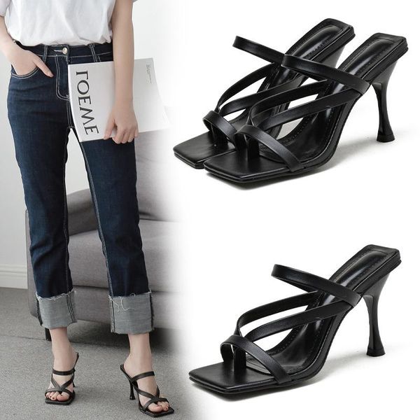 

summer shoes for women thin high heel slides casual footwear rome style fashion slippers ladies sandal bj3355, Black