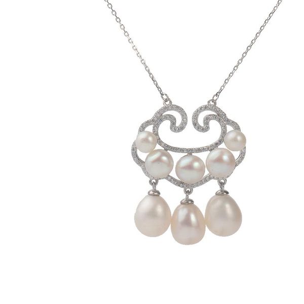 

3-pcs white freshwater pearl pendant chain necklaces, Silver
